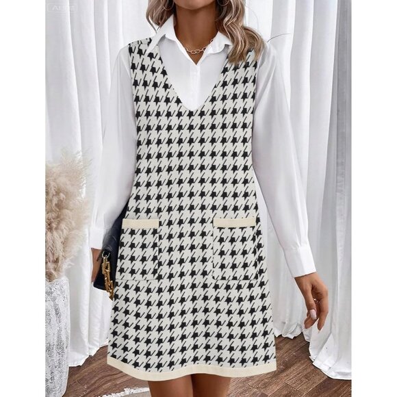 Women's Sweater Vest Dresses V Neck Sleeveless Knit Sweater with Pockets Fall - Picture 2 of 6